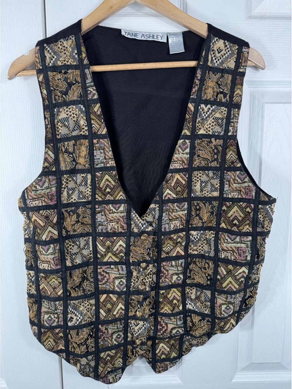 Jane Ashley Vintage Embroidered Beaded Vest with Gold Buttons